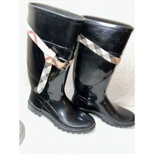 BURBERRY Black Tall Rain Boots Plaid Belt Size EU36 US 6 equestrian style Womens